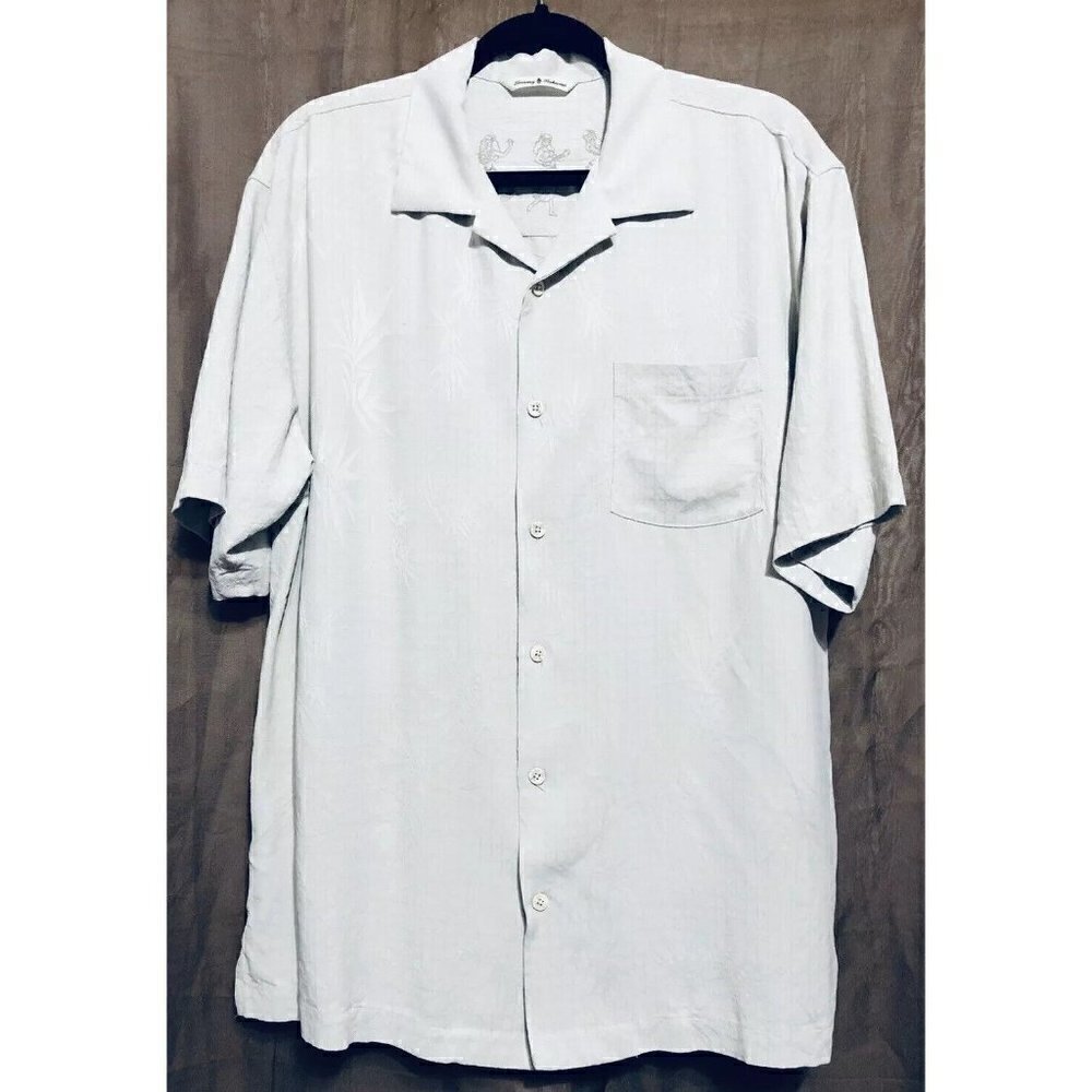 Tommy Bahama Mens Medium 100% Silk Beige Palm Hawaiian Shirt Short Sleeves